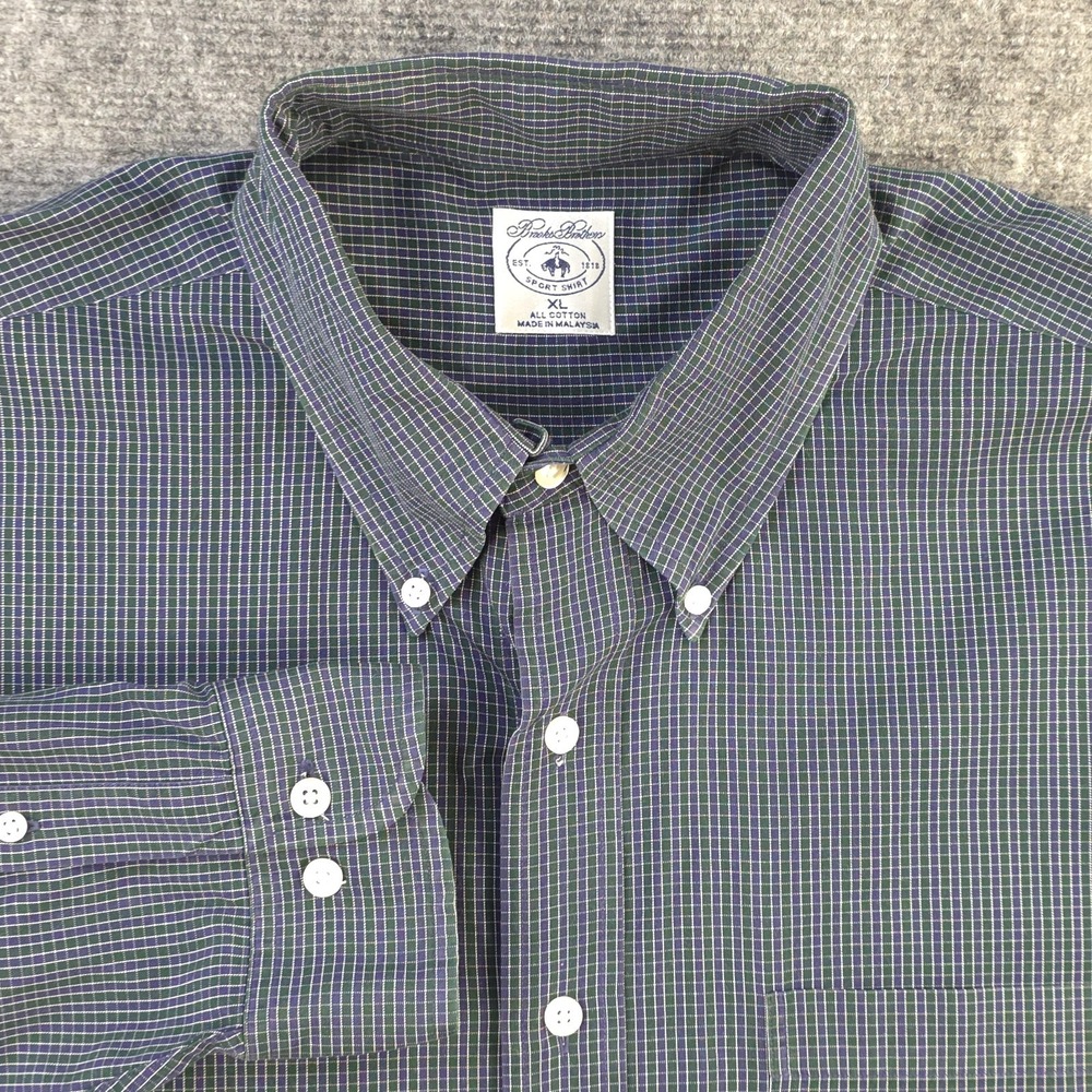 Brooks Brothers Sport Shirt XL Blue Green Check Long Sleeve‎ Button Down Cotton